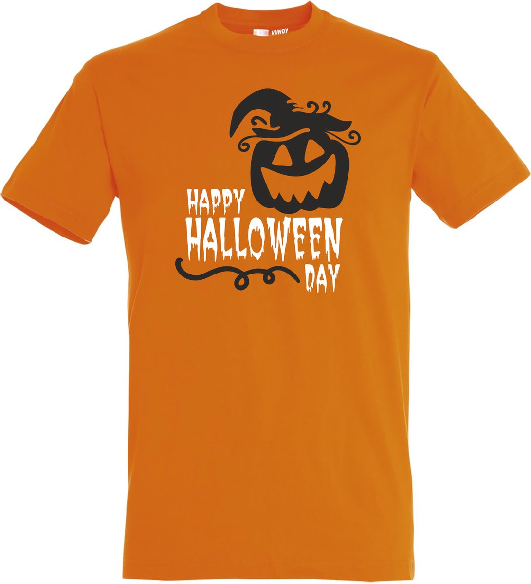 T-shirt Happy Halloween Day | Halloween kostuum kind dames heren | verkleedkleren meisje jongen | Oranje | maat L